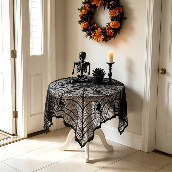 Halloween Table Cloth, Black Spider Web Lace Tablecloth for Round Tables, Gothic Halloween Decor for Masquerade, Scary Movie Nights, Dinner Party Table Decorations, A