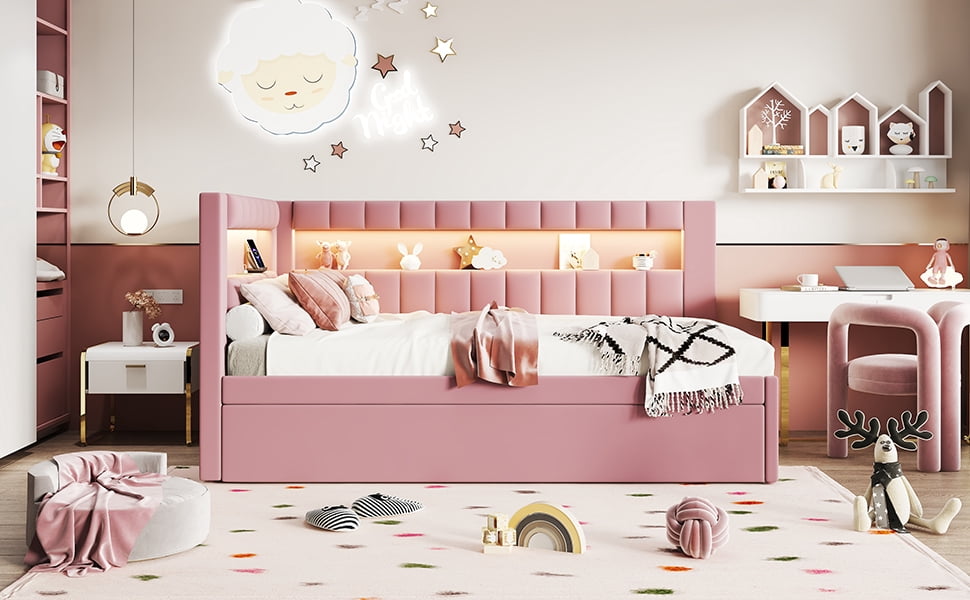 Noble House Upholstered Twin Size Platform Bed with USB Ports and LED Belt, With Trundle, Pink