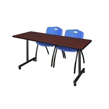 Belen Kox 60" x 24" Kobe Mobile Training Table- Mahogany & 2 'M' Stack Chairs- Blue