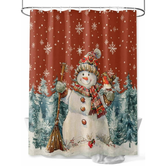 Red Snowman Christmas Shower Curtain Set, Waterproof Shower Curtains for Bathroom, Winter Snowflake Tree Xmas Washable Fabric Cloth Bath Curtain for Bathtub Decoration with Hooks 72x78 Inches