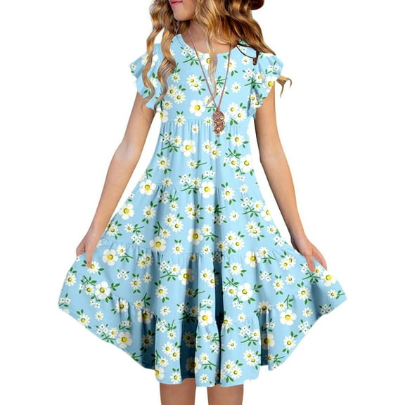 WOYY Girls Floral Tiered Flutter Sleeves Dress Summer Casual Mid Dress, Sizes 6-15