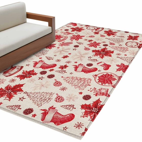 Red Christmas Area Rug 3x5 FT, Non Slip Entryway Bedside Carpet, Xmas Poinsettia Tree Snowflake Rustic Washable Soft Floor Carpet Indoor Mat Non-Shedding Throw Rug for Dorm Kitchen Home Office