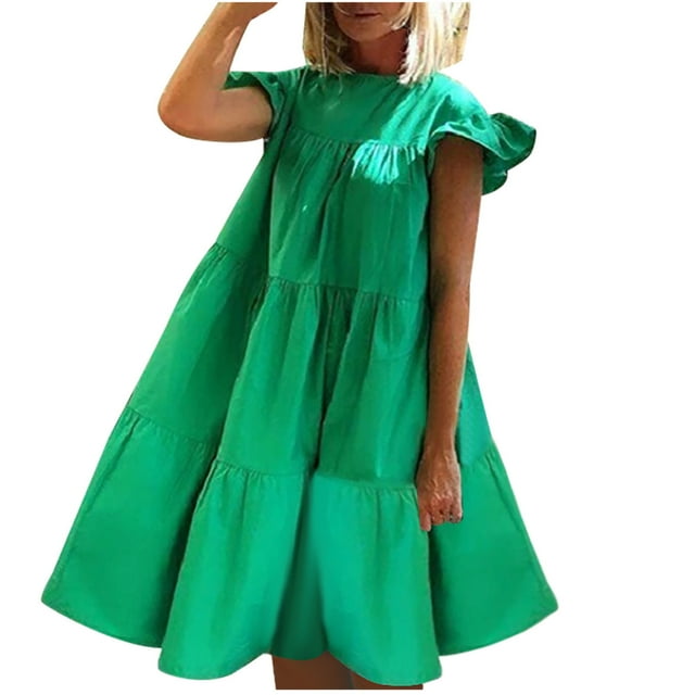 Leutsin Women's Summer Casual Round Neck Solid Ruffle Loose Dress