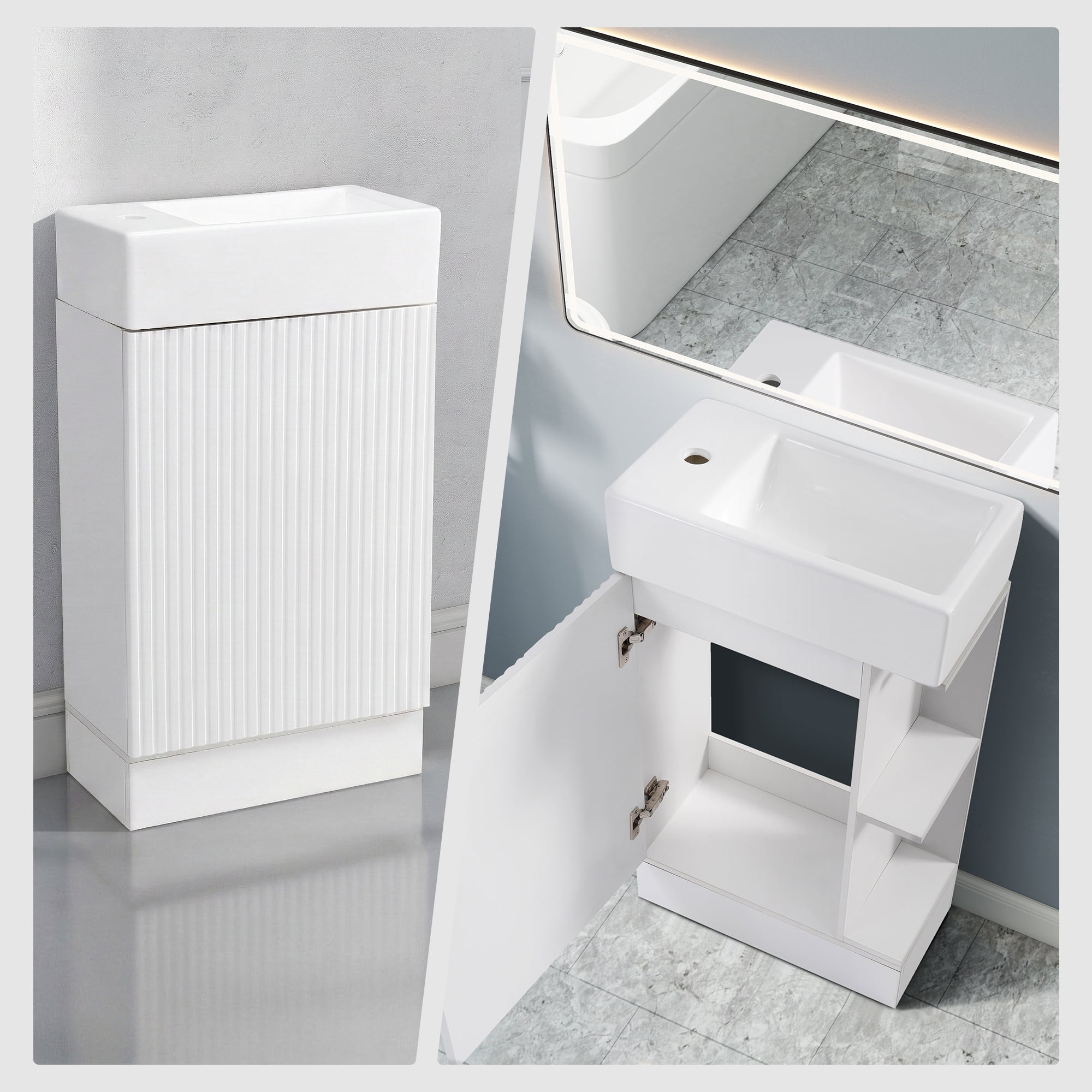 Aukfa 18.6" Bathroom Vanity with Sink Combo, Modern Storage Cabinet with Two-tier Shelves, White
