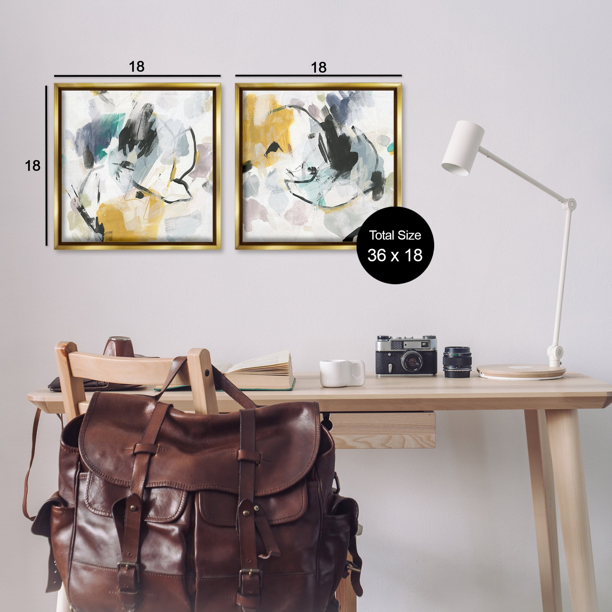 Stupell Industries Black & Yellow Abstract Splash Abstract Painting Gold Floater Framed Canvas Art Print Wall Art, 18 x 18, Set of 2