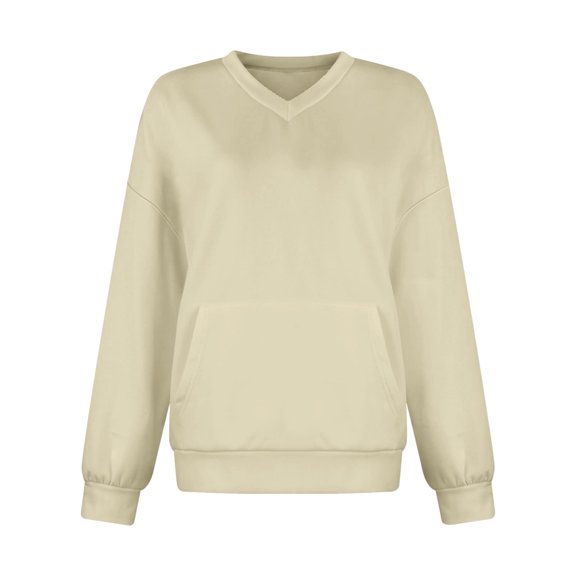 VISALY Pullover Sweatshirt for Womens Plus Size Sweatshirts V-Neck Pullover with Pocket Fall Winter Loose Fit Tops Long Sleeve Shirts Oversized Lightweight Sweatshirt Basic Tops Beige L