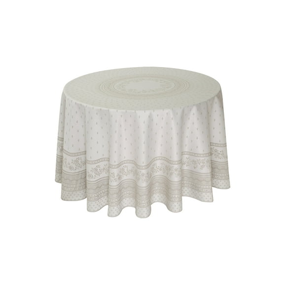 Round Jacquard Ecru - Taupe - Tablecloth, 90"D, Acrylic Coated, Easy Care Provencal Luxury French Linen