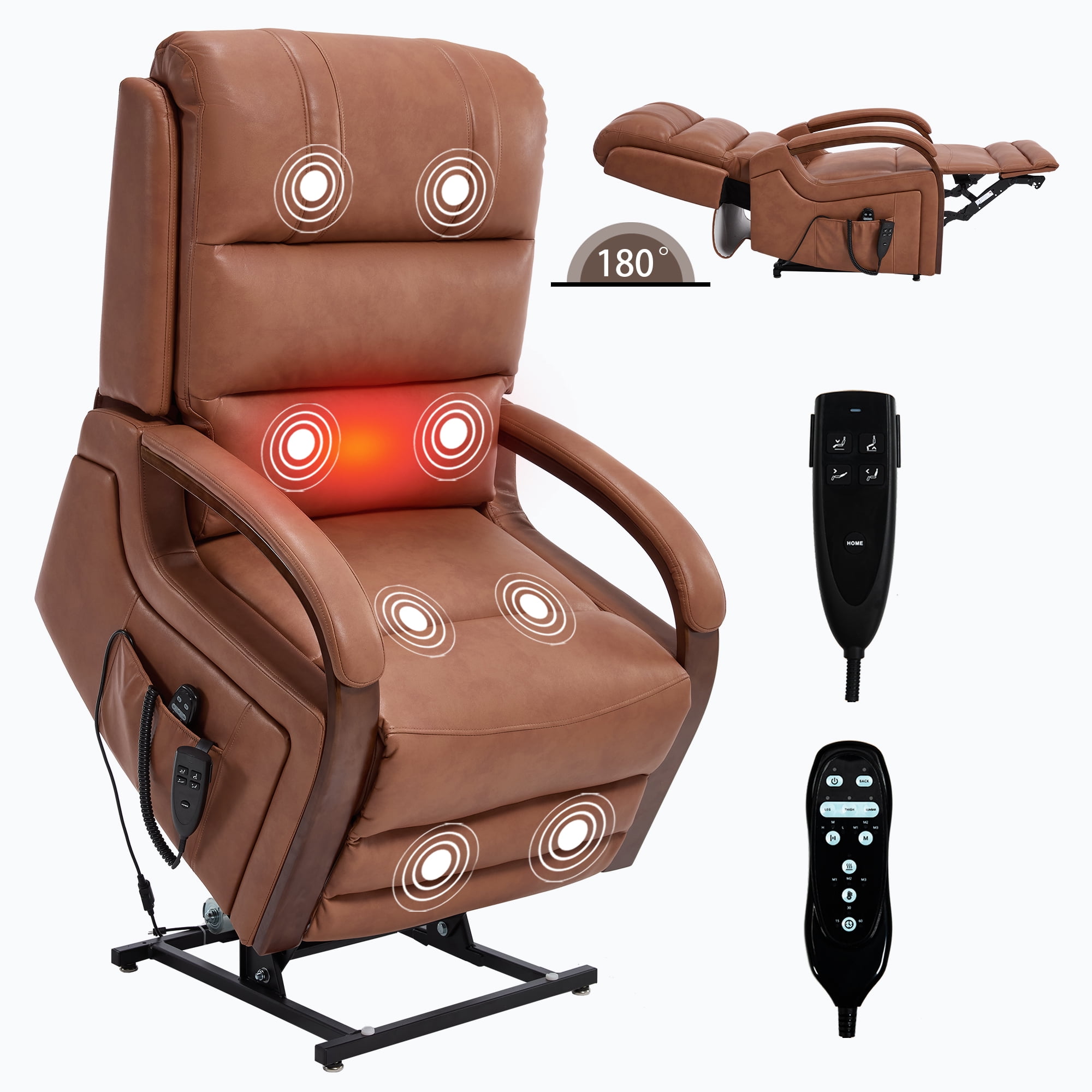 Gewnee Power Lift Recliner Chair with Heat and Massage,Lay Flat Assist Recliner with Side Pocket & Solid Wood Armrest,Lift Chair for Living Room.Orange PU