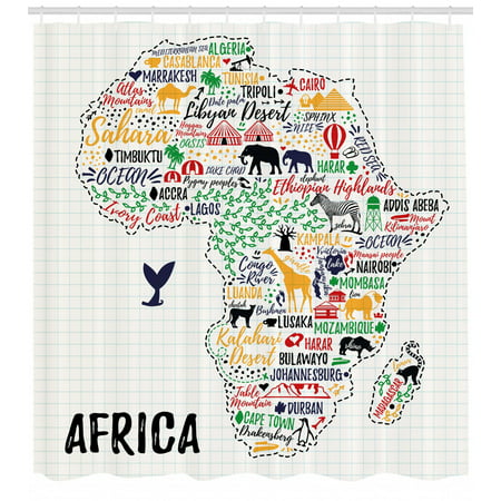 Quote Shower Curtain, Colorful Lettering of African Countries in Africa Continent with Animals Art Print, Fabric Bathroom Set with Hooks, Multicolor, by