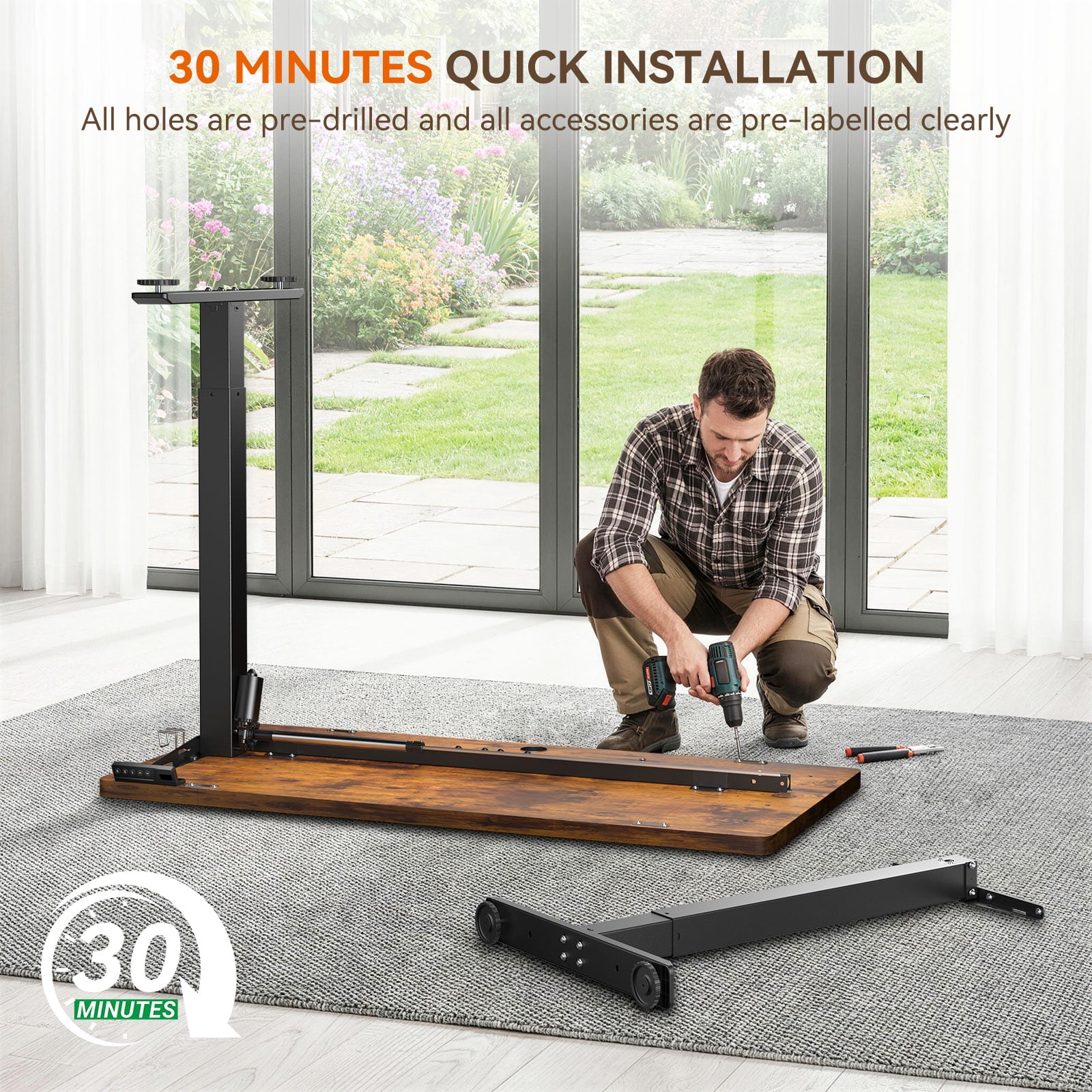 Height Adjustable Electric Standing Desk, 48×24 Inch Sit Stand Desk with 3 Memory Presets, Electric Height Adjustable Home Office Computer Desk, Cable Management Box, 2 Hooks and 5 Cable Ties, Brown
