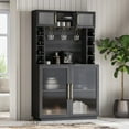 thumbnail image 3 of BELLEZE Coffee Wine Bar Cabinet with Power Outlet, 72" Rustic Liquor Cabinet, Tall Buffet Cabinet with Storage Kitchen Pantry Cupboard Wine& Glasses Rack Server with Hutch for Home Dining Room, Ebony, 3 of 7