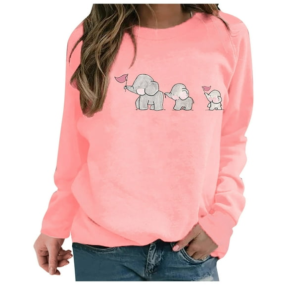 Honeeladyy Clearance under 10$ Womens Tops Cute elephant Printed Tshirts Long Sleeve Pullover Casual Crewneck Sweatshirt Loose Comfy Tops