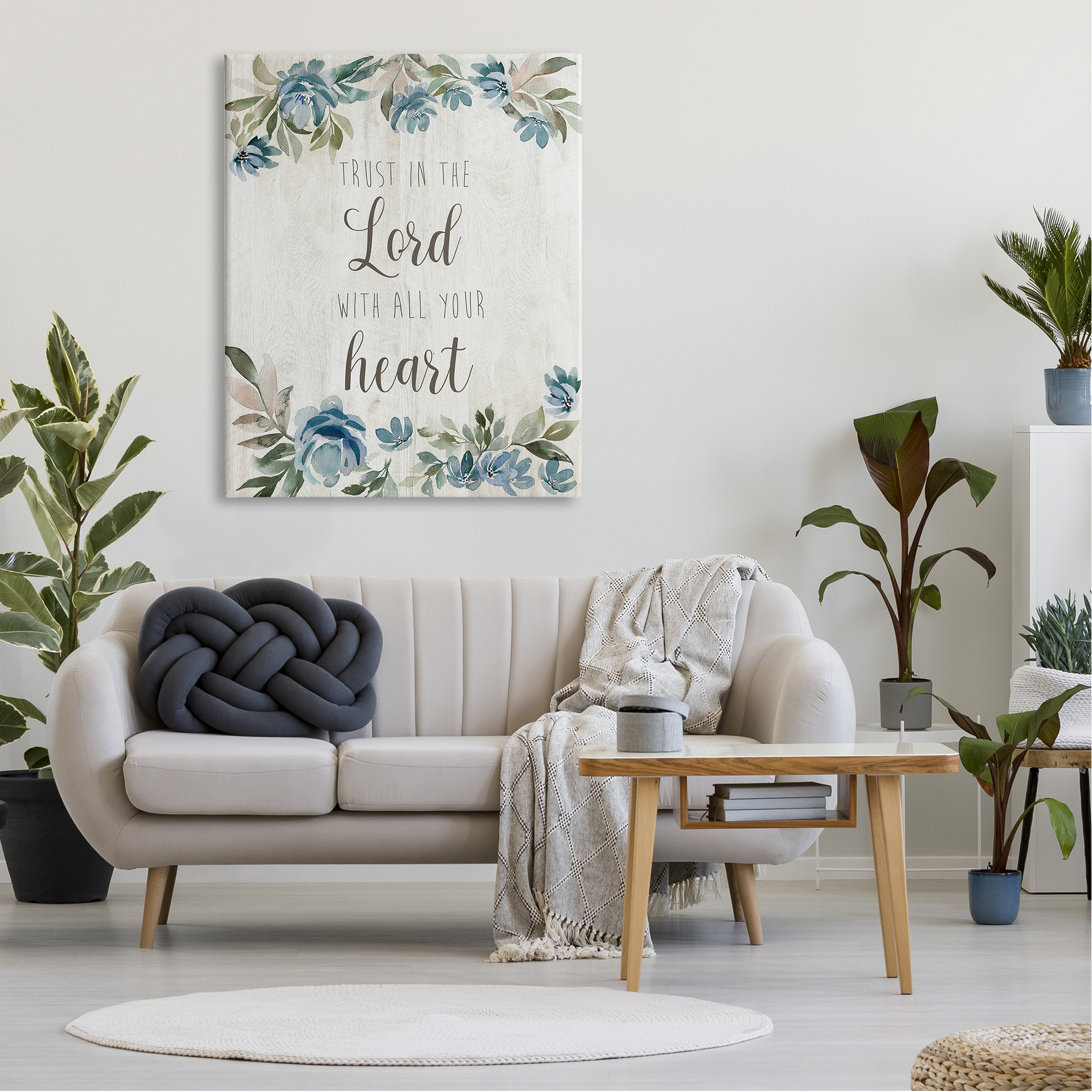 Stupell Industries Trust in the Lord Motivational Phrase Blue Flower Blossoms, 36 x 48, Design by Kristen Brockmon