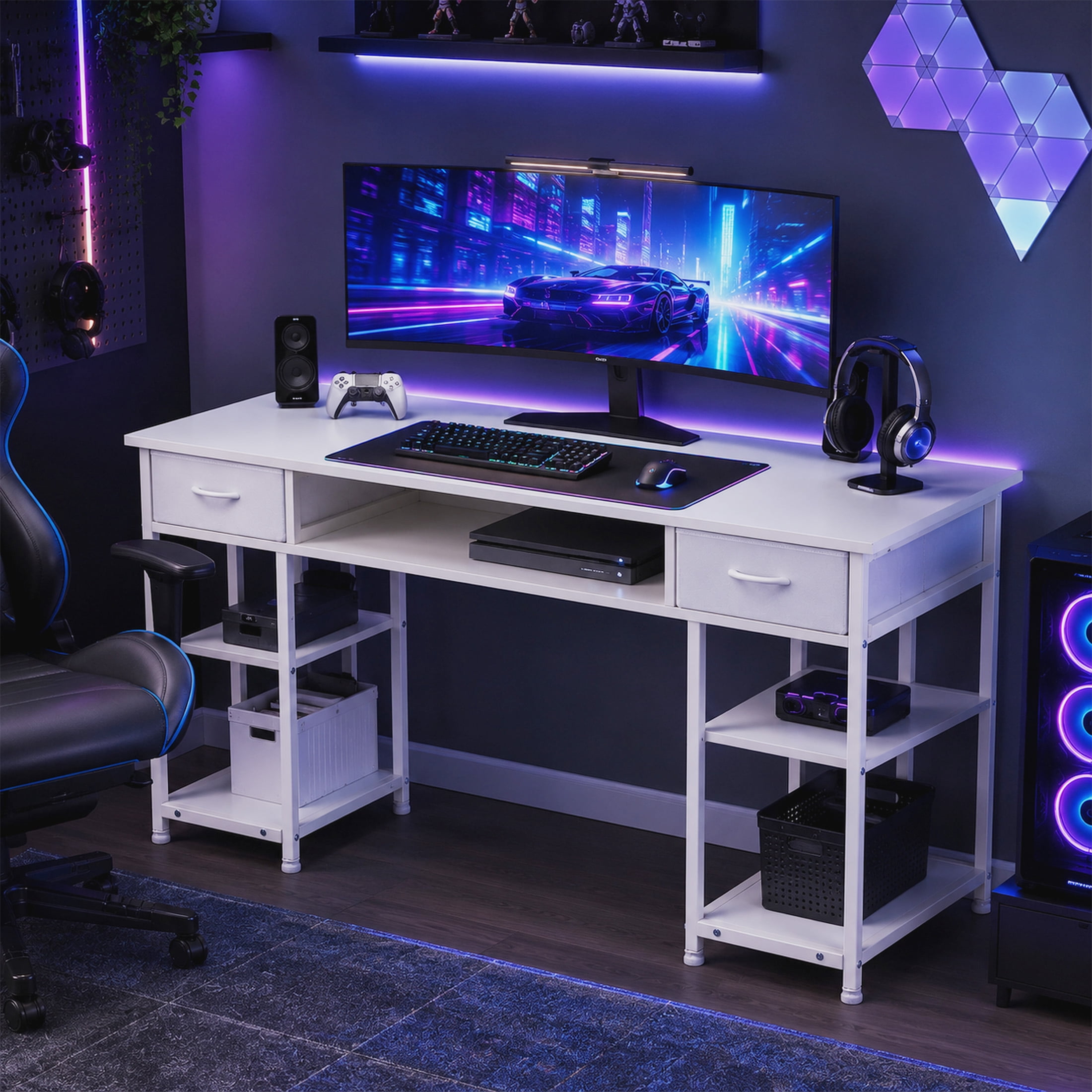 edx Small Desk with Drawers & Storage Shelves, 48 Inch Computer Desk Modern White Desk Gaming Writing Desk Study Table for Home Office, White