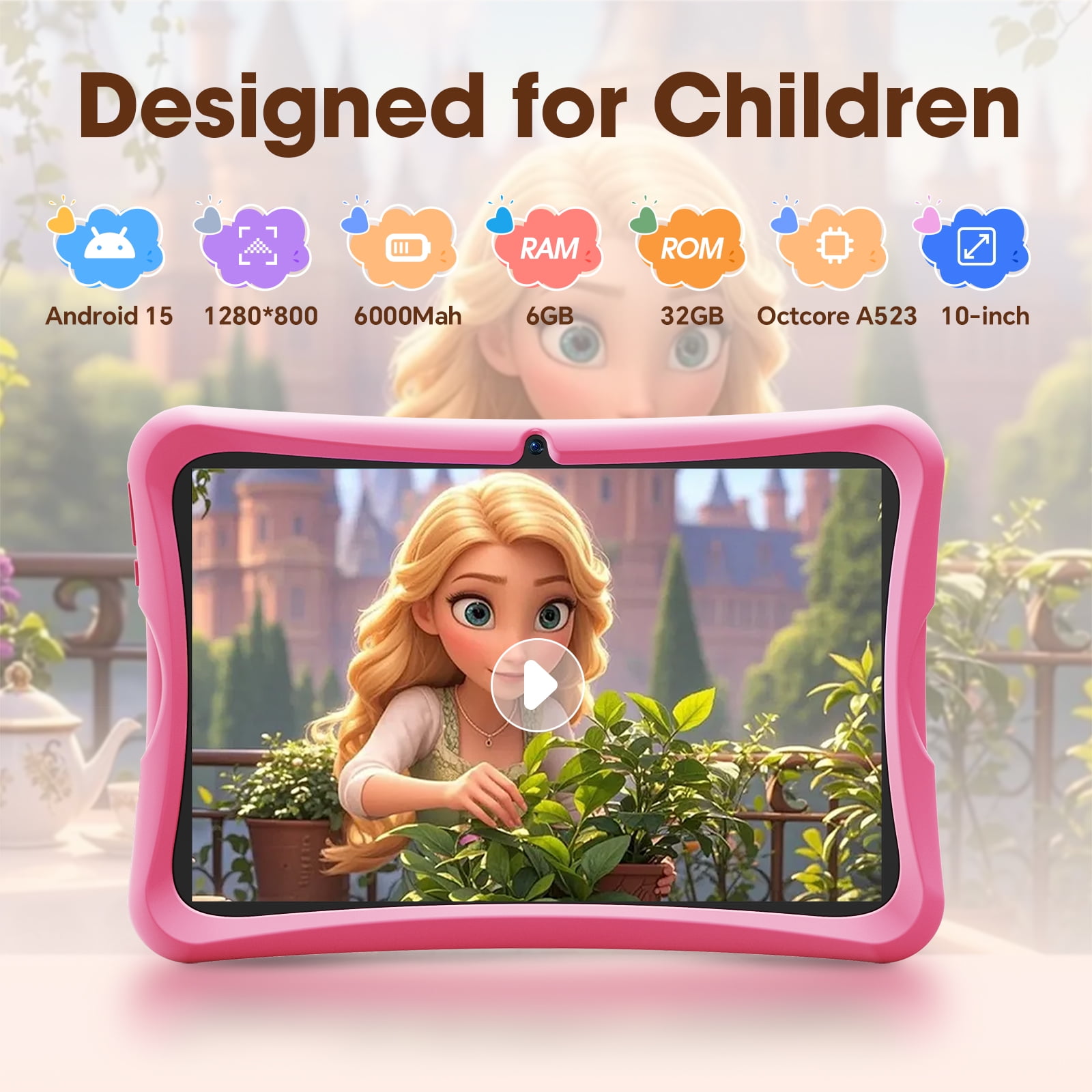 10.1 inch Android 15 Kids Tablets 2025,6GB RAM + 32GB ROM,Parent Control Kids Education Children Tablet with WiFi,Kid-Proof Case,Pink