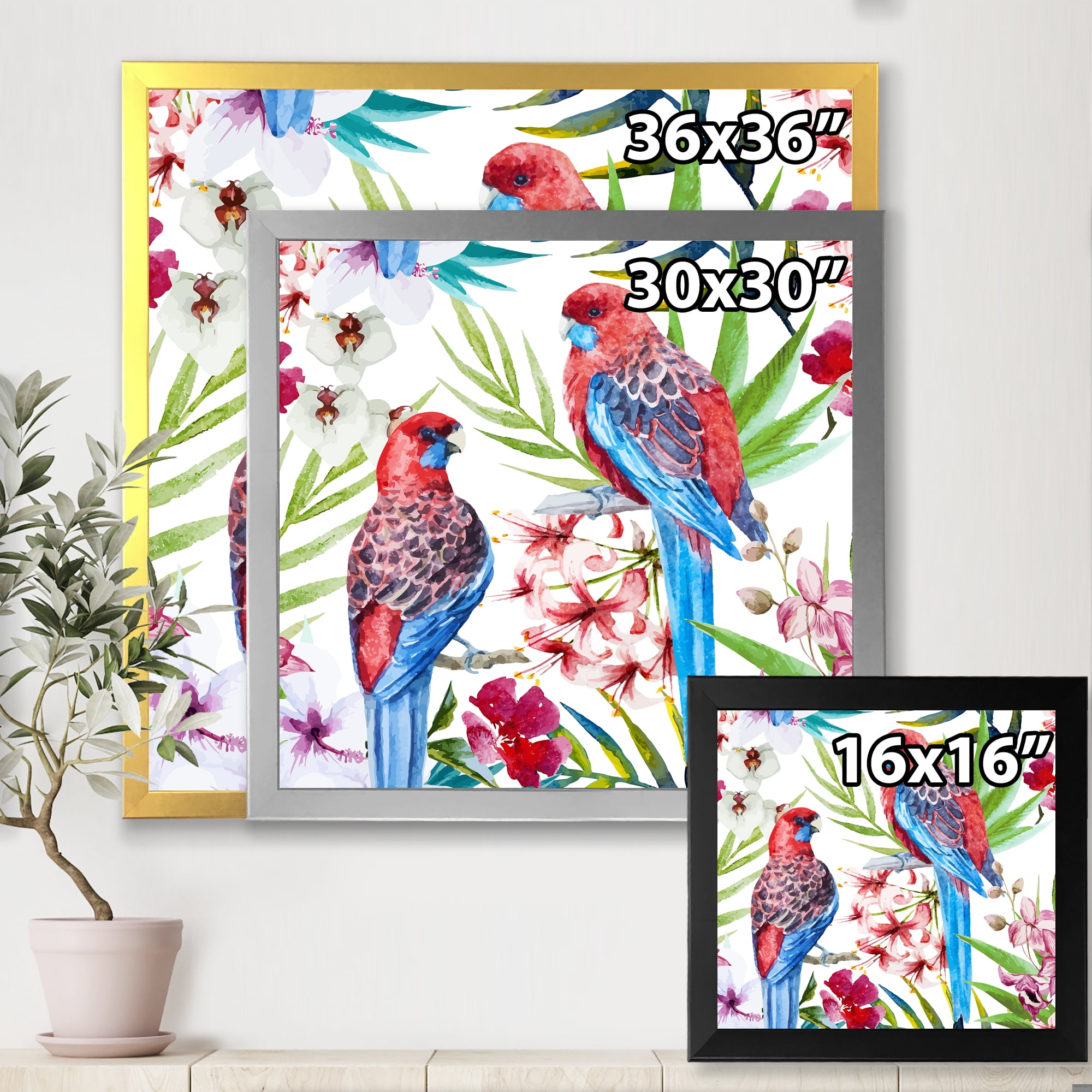 Designart 'Rosella Birds Sitting On Flowers Tree Branch' Traditional Framed Art Print