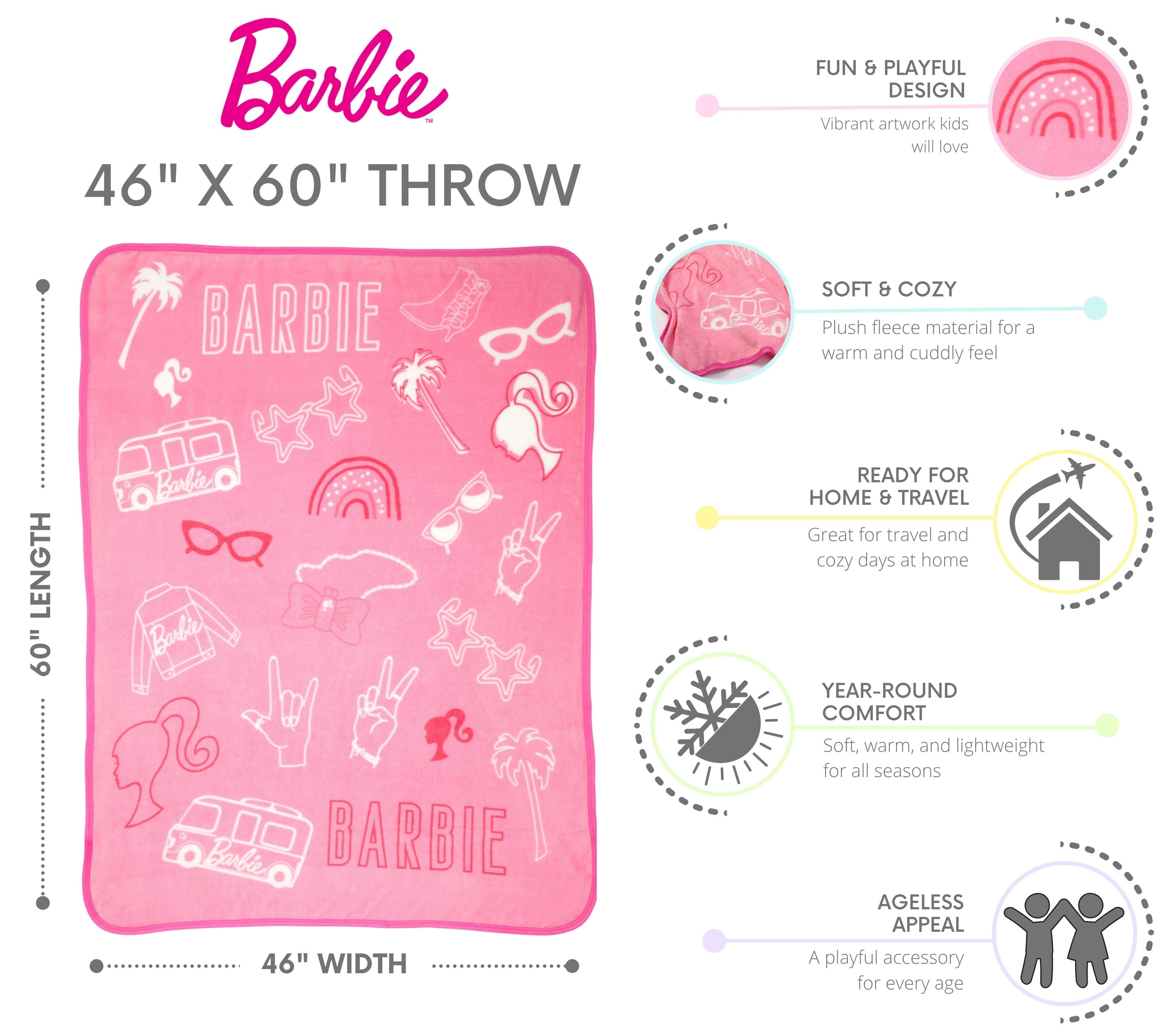 Mattel Barbie Kids Plush Fleece Throw Blanket, 46 x 60, Pink