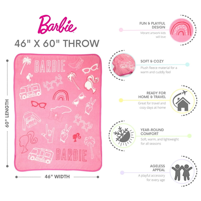 Mattel Barbie Kids Plush Fleece Throw Blanket, 46 x 60, Pink