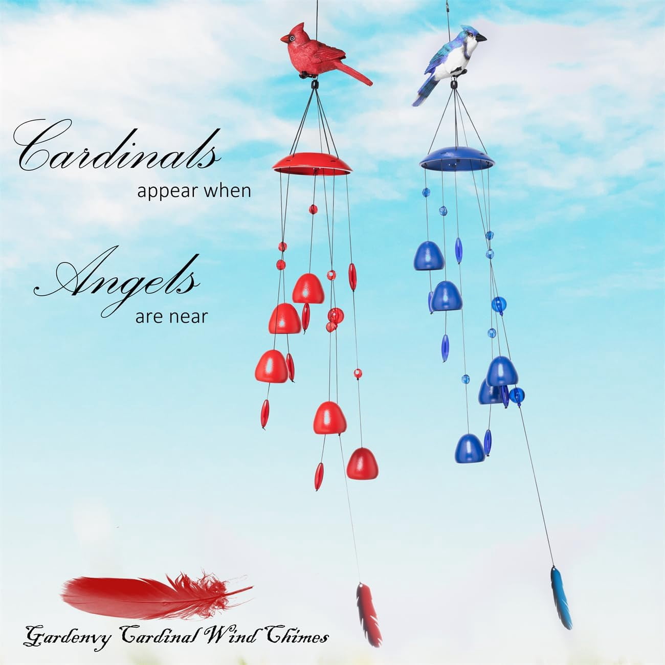 Blue Jay Bird Wind Chimes with Bells, Large Unique Birds Chimes for Garden Backyard Church Hanging Decor, 40"