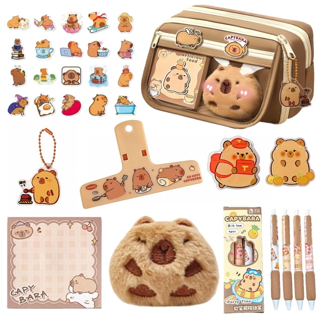 Estuche para lápices en forma de capibara de Chenthy con muñeco de peluche, pegatinas y 2 broches