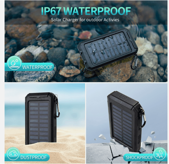 Solar Portable Charger Power Bank with Flashlight, High-Capacity Battery Pack, Dual USB Output, Emergency Outdoor Charging