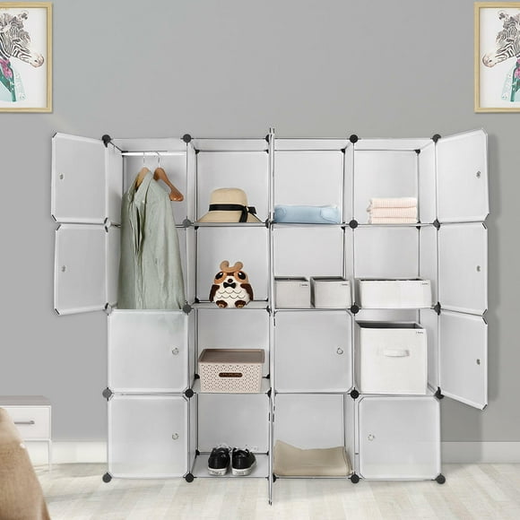 16 Cube Portable Bedroom Armoire Wardrobe, Clothes Organizer Closet Bookcase with Hanging Rod and DIY Plastic Storage Cabinet