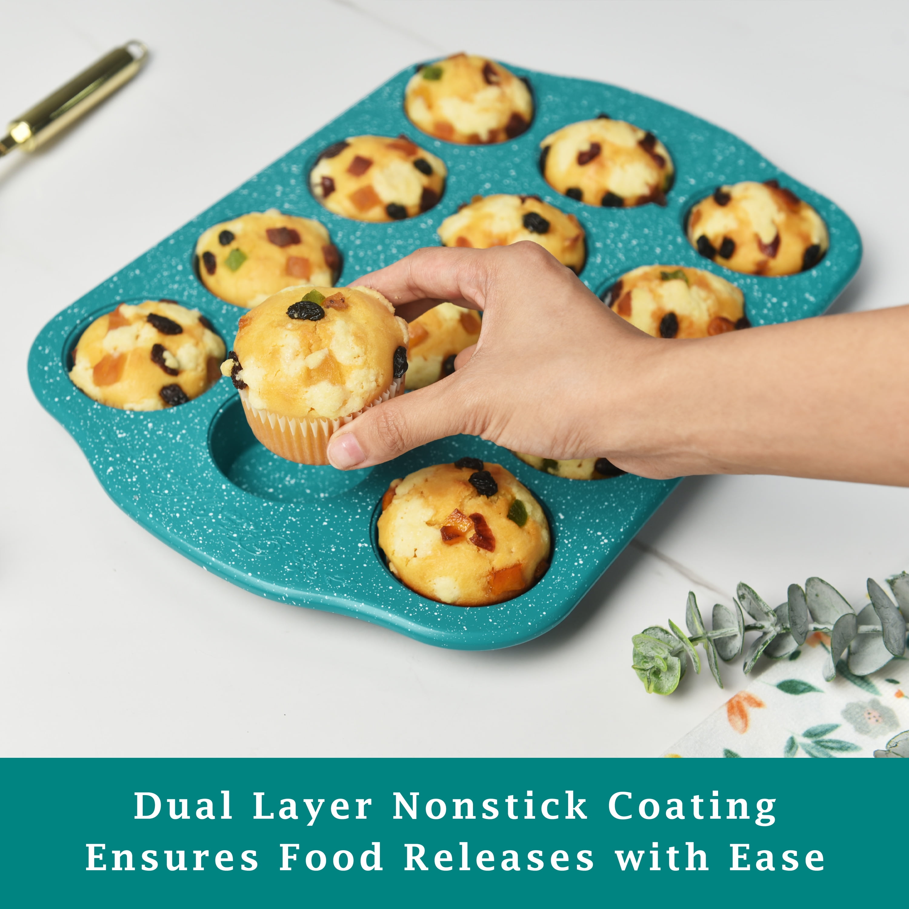 (3 pack) The Pioneer Woman Teal Speckle Timeless 12-Cavity Nonstick Muffin Pan, 15.72", Blue