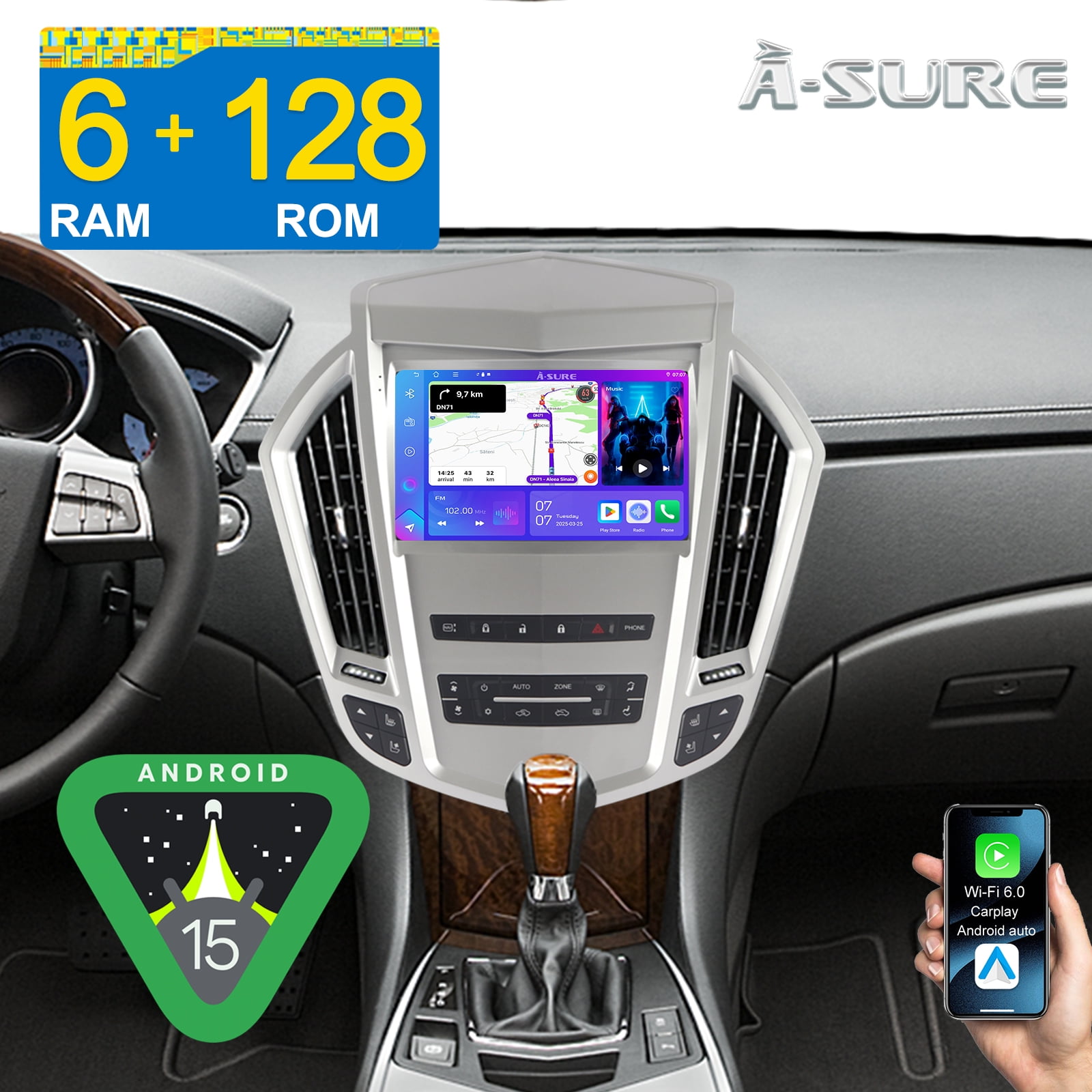 8-Core 6+128GB Car Stereo for Cadillac SRX 2010-2012, 9" Android 15 Car Radio with Apple CarPlay/Android Auto/GPS Navi/Wi-Fi/BT 5.4/1280HD