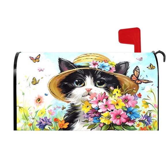 Cute Cat Mailboxes Cover Magnetic Standard Size,Spring Floral Fabric Mailboxes Cover,18x21