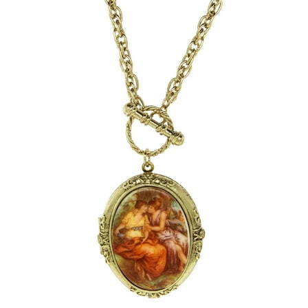 1928 Jewelry Renaissance Inspired Oval Stone Locket Necklace 32"