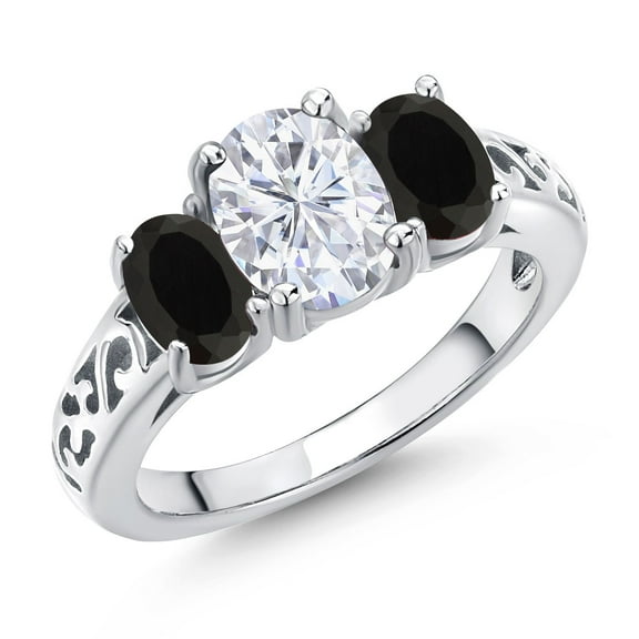 Gem Stone King 925 Sterling Silver White Moissanite and Black Onyx Filigree Style 3 Stone Ring for Women (2.30 Cttw, Oval 8X6MM and 6X4MM) (Size 8)