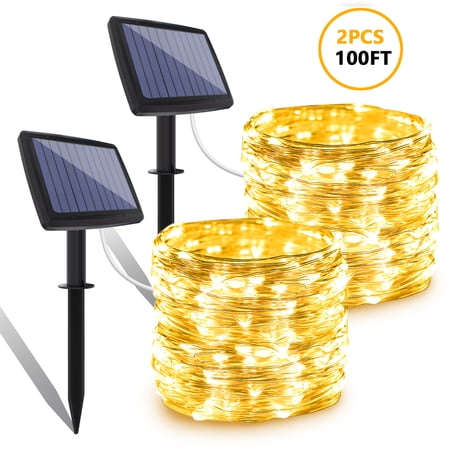 DAYBETTER Solar Fariy String Lights Outdoor, Total 100FT 300 LED Waterproof Copper Wire 8 Modes for Garden Patio Tree Christmas Party Wedding Halloween decoration(Warm White) (2-Pack)