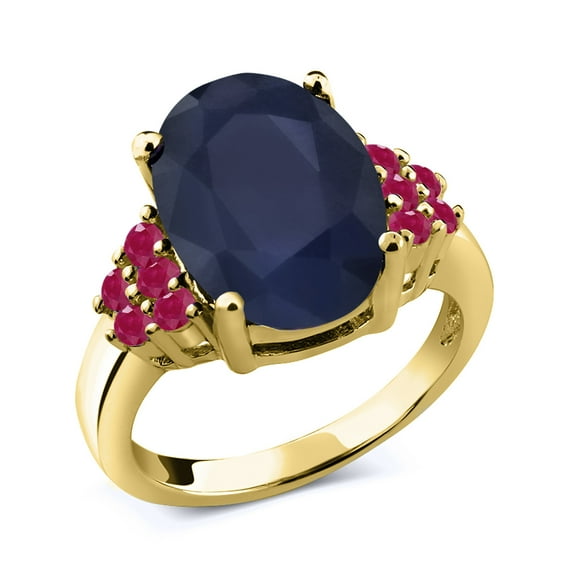 Gem Stone King 7.00 Ct Oval Blue Sapphire Red Ruby 18K Yellow Gold Plated Silver Ring (Size 7)
