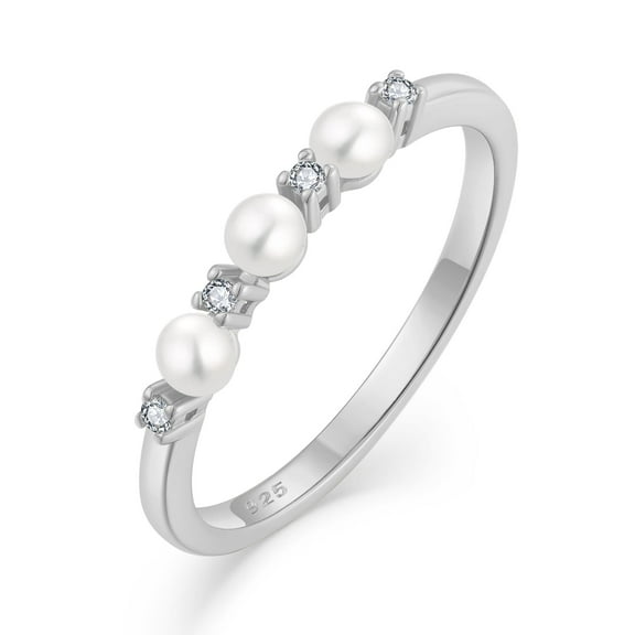 PYNZY Pearl Ring 925 Sterling Silver Stackable Ring for Women, Freshwater Cultured Pearl Promise Ring Band Jewelry Gift Size 7