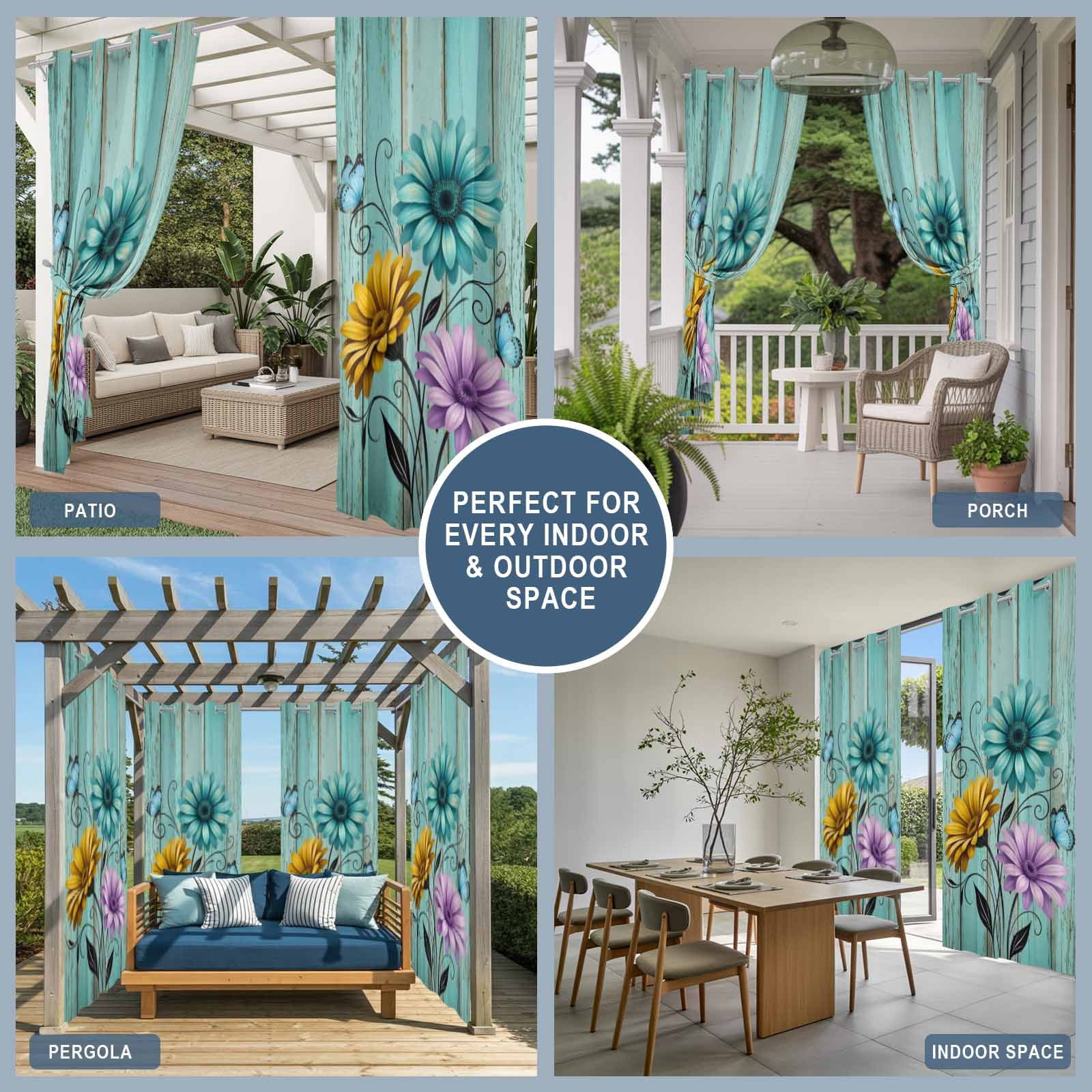 Vintage Flower Outdoor Curtains for Patio, Yellow Purple Daisy Blue Butterfly Green Wood Grain Sunshade Privacy Drapes Grommet Waterproof Outside Curtains for Porch/Cabana/Balcony 54"x 108", 1 Panel
