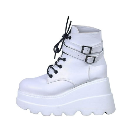

KIJBLAE Women s Platform Wedge Boots Lace Up Buckle Ankle Boots Zipper Black Platform Wedge Boots High Heel Wedge Gothic Punk Boots Boots Comfortable White 37