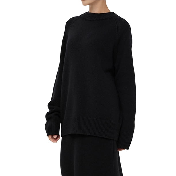 Suéteres de Gran Tamaño para Mujer, Conjuntos de Otoño 2025, Cuello Redondo, Mangas Largas, Jerseys de Punto A . Negro L