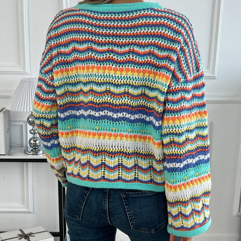 Crochet Wool Striped Sweater Fartey Womens Crochet Sweaters