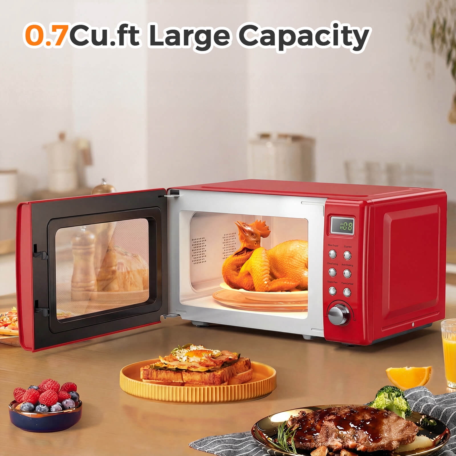Costway 0.7 Cu.ft Retro Countertop Microwave Oven 700W LED Display Glass Turntable Red