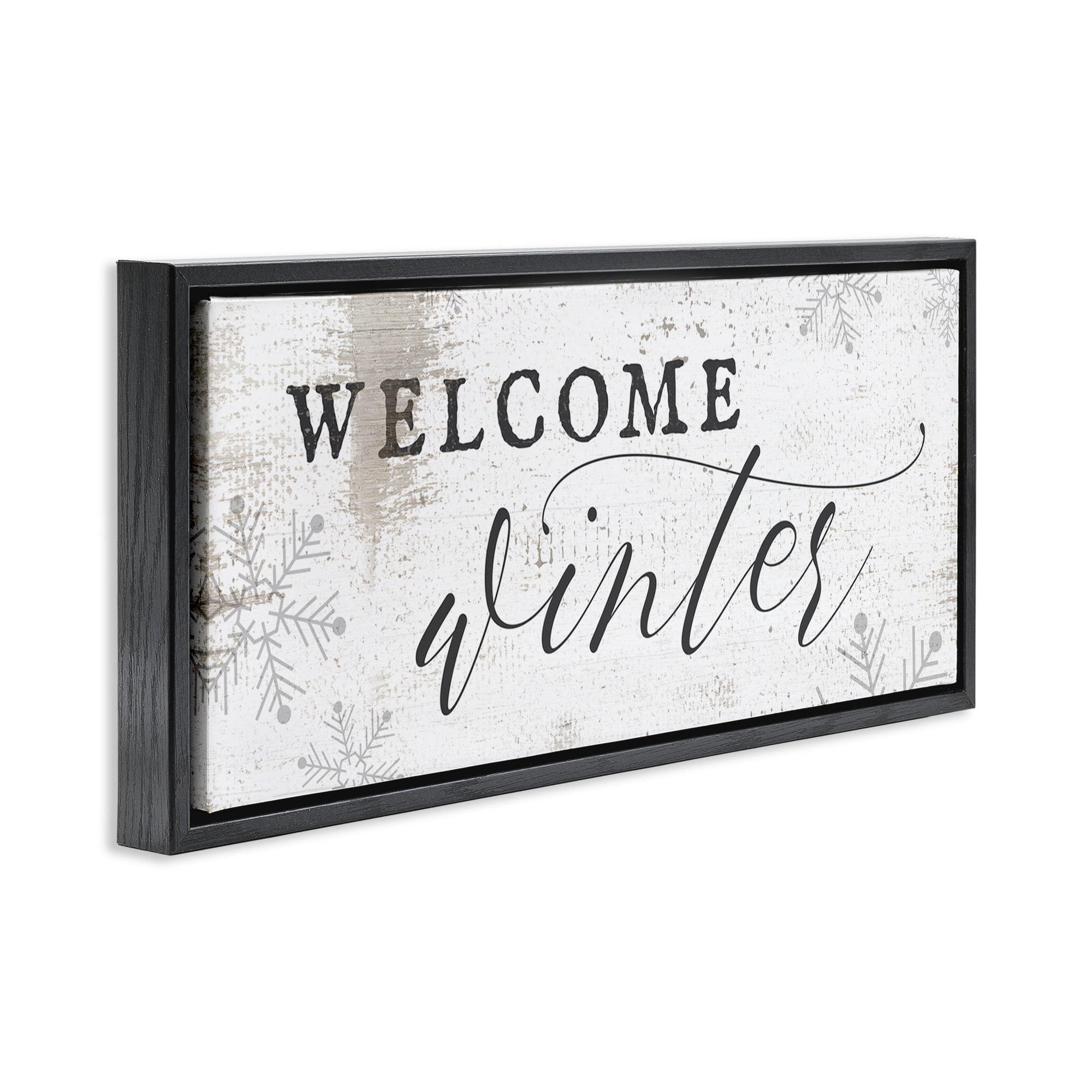 Stupell Industries Welcome Winter Snowflake Pattern Holiday Painting Black Floater Framed Canvas Art Print Wall Art, 25 x 11