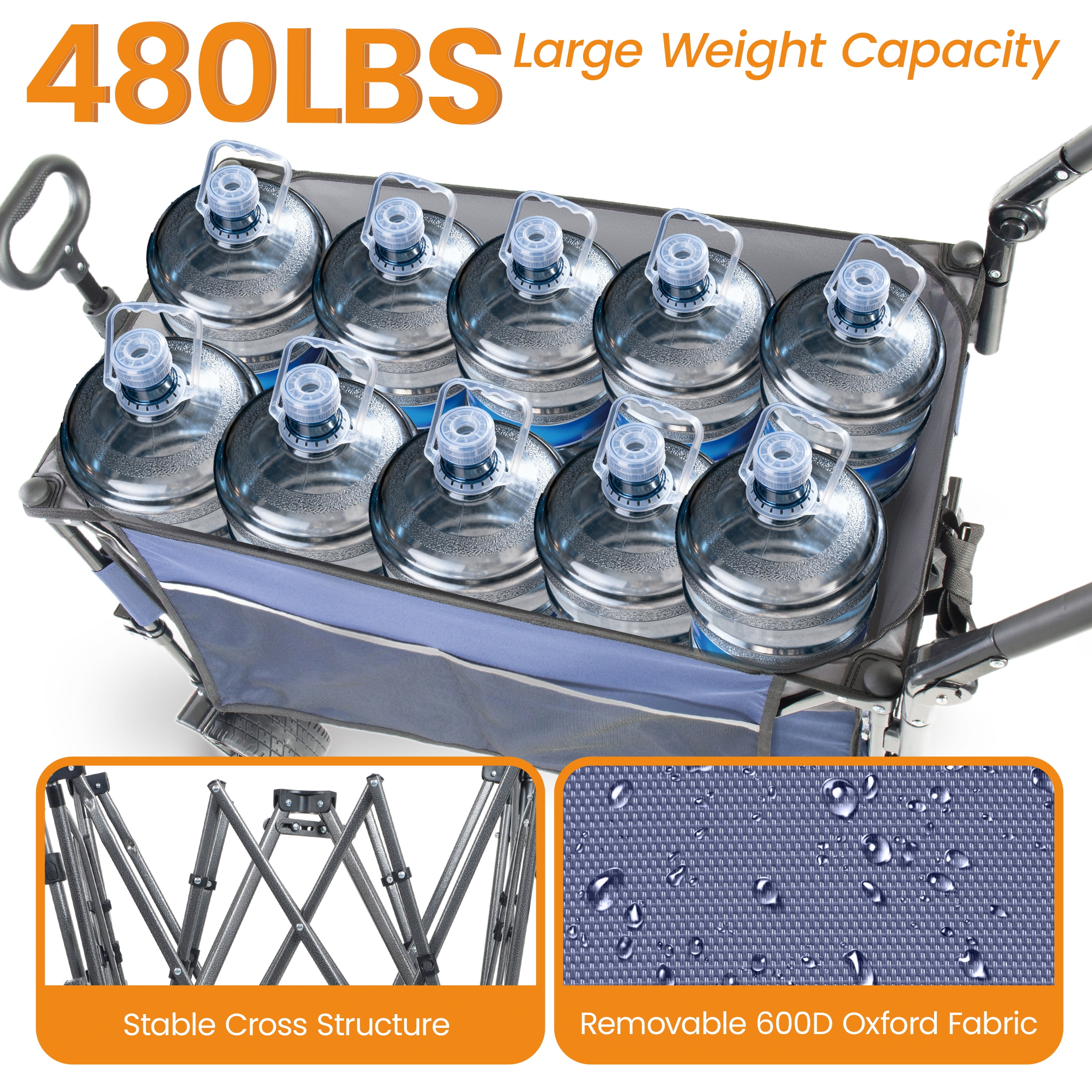 Multi-Functional Push-Pull Folding Wagon Cart Blue, Rotating Handle & Canopy, 7''x4'' Wheels with Brakes, 480lbs 300L for Outdoor, Groceries, Transport