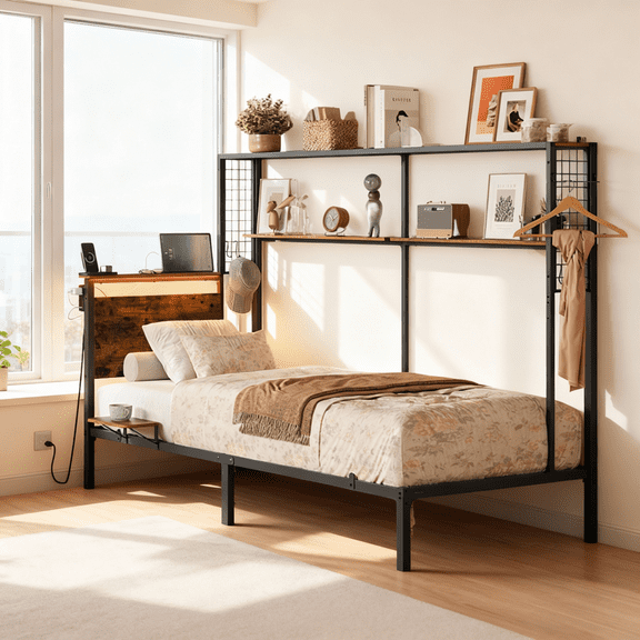 LEDREM Twin Size All-in-One Metal Bed Frame with Bookshelf, LED Lights & 4-Port Charging Hub, Space-Saving Multifunctional Design, Rustic Brown