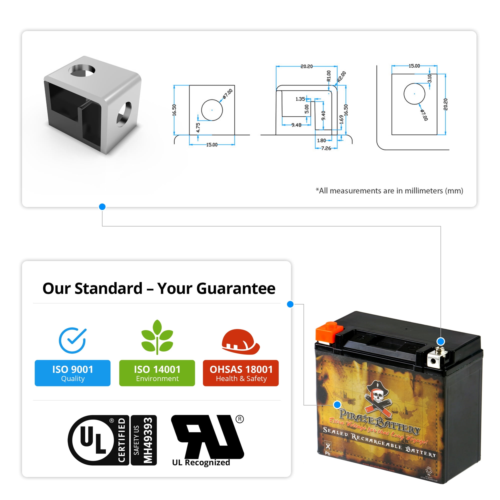 Pirate Battery Ytx20h-bs (20h-bs 12 Volts,18 Ah, 310 Cca) High Performance - Maintenance Free - Sealed AGM Motorcycle Battery