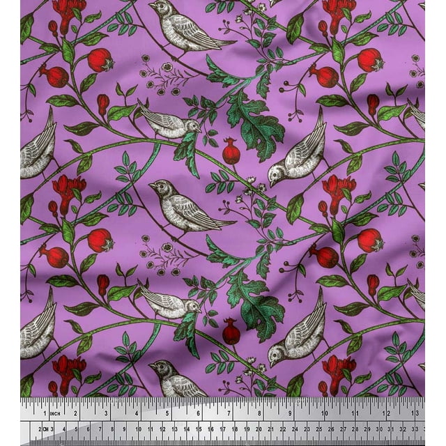 Soimoi polyester Crepe Fabric Bird & Leaf Bird Print Fabric by Yard 52 Inch Wide