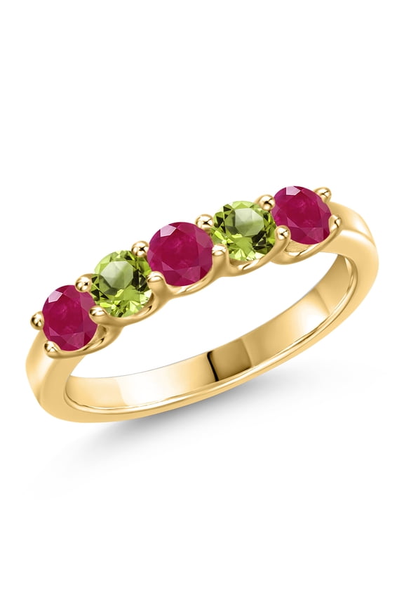 10K Yellow Gold Red Ruby and Green Peridot Wedding-Bands Ring for Women | 1.16 Cttw | Round 3.5MM | Gemstone July Birthstone | Size 6