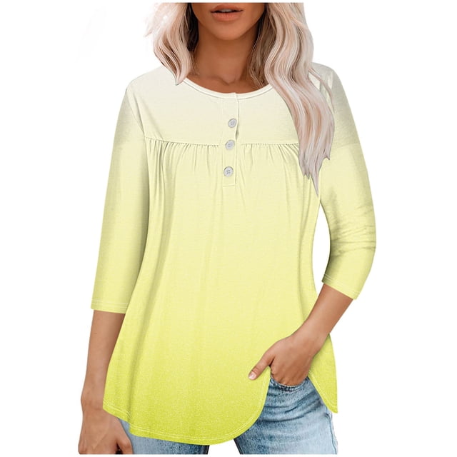RXIRUCGD T-shirt Imprimé Décontracté d'Été pour Femmes Manches Trois-Quarts Col Rond Froncé Blouse, Jaune, Taille : 2TG