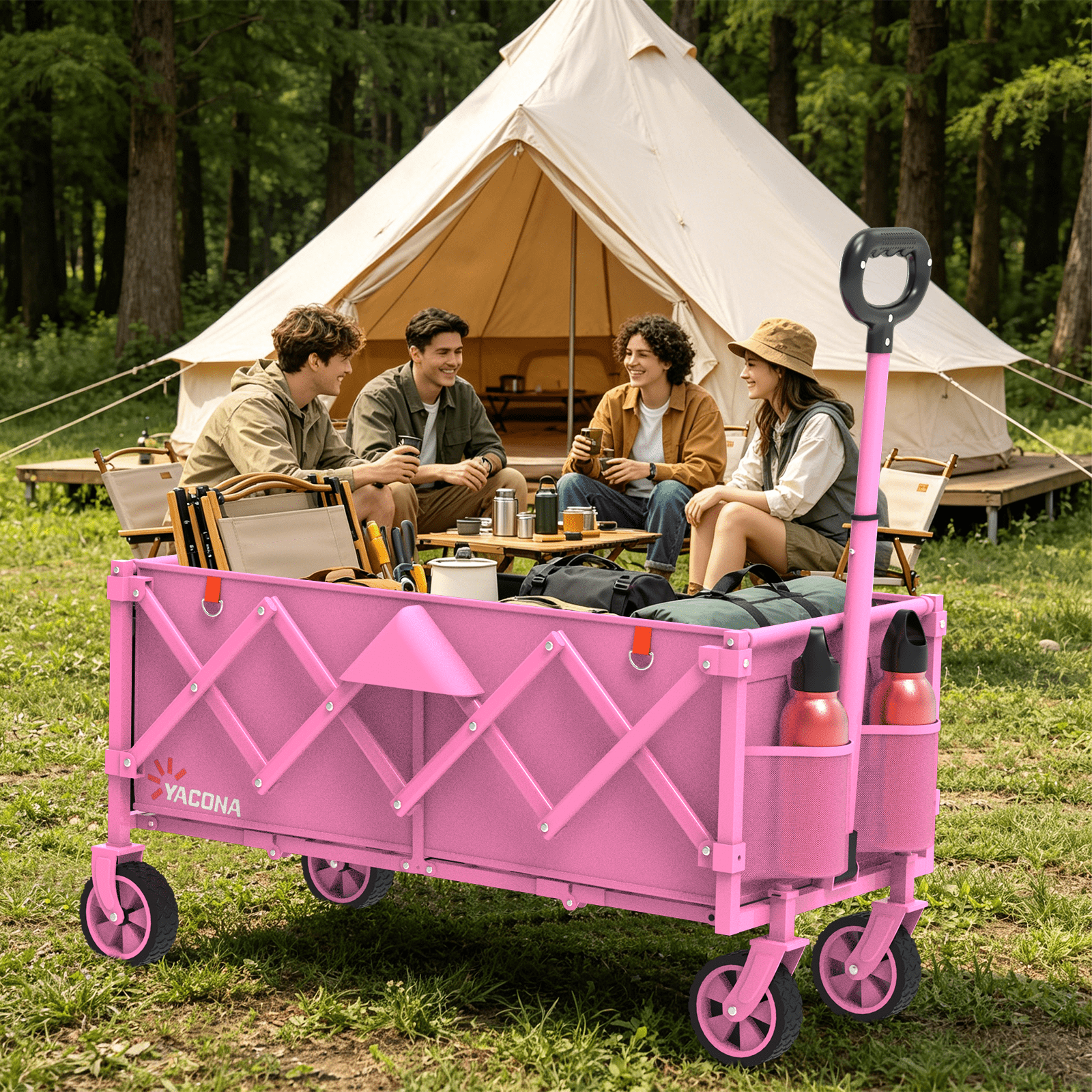 Yacona 35" L Extra Long Wagons Carts Foldable, 180L Capacity Beach Wagon, Heavy Duty Rolling Cart with Wheels, Pink