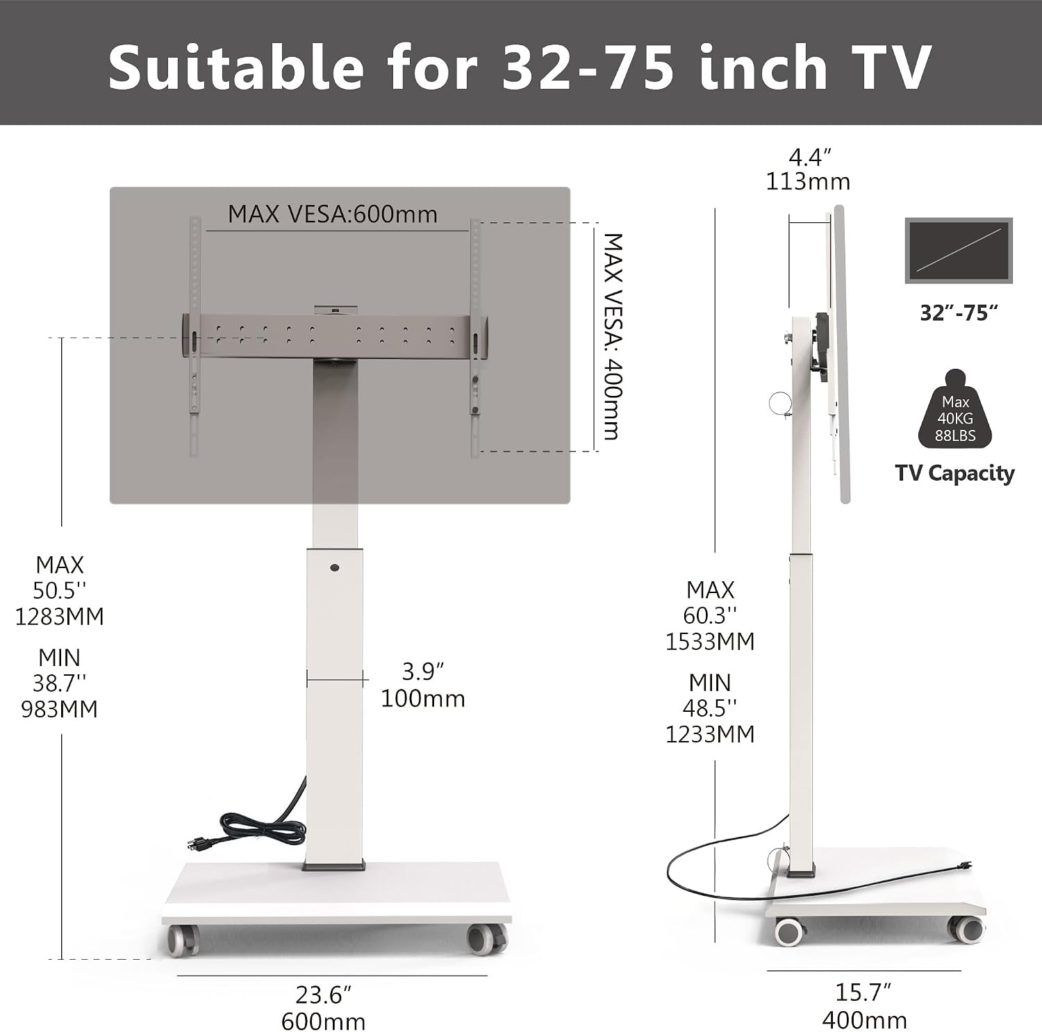 FITUEYES 2PCS Rolling TV Stand for 32–75 Inch TVs, White, Power Outlet, Portrait/Landscape Rotation