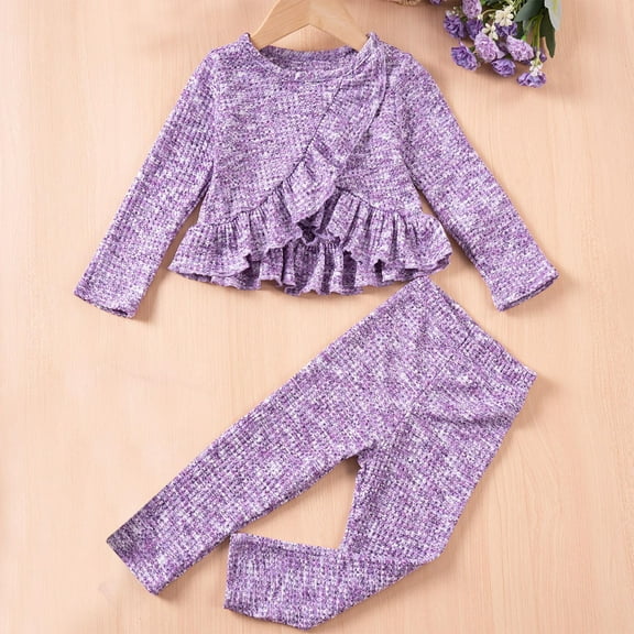 Riecok Toddler Girl Clothes Sets Round Neck Ruffle Long Sleeve Tops and Leggings Pants Outfits Set Casual Fashion Solid Color 2PCS Fall Winter Outfits Set Purple 5 Years