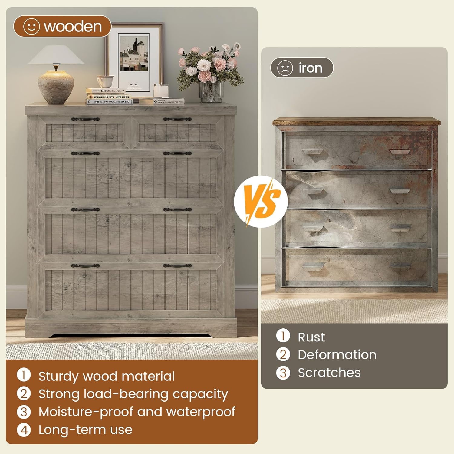 SEDETA File Cabinet with 5 Wood Drawers, Farmhouse Filing Cabinet for Home Office, Wood Office File Cabinets for Letter/Legal/A4 Size, Lateral File Cabinets with Printer Stand, Grey